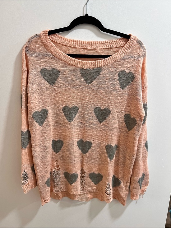Sweaters - Lightweight Distressed Pink Heart-Print Scoop Neck Sweater